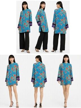 NEW Chico's Design Blue Floral Silk Tunic Top 0 Small Mandarin Asian Collar